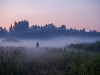 Obraz na płótnie Canvas Silhouette of a man on a horse who rides through the morning fog