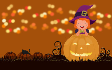 Fototapeta premium Halloween greeting card. Cute little witch, Jack-'o-lantern and black cat in pumpkin garden at night with beautiful bokeh background. Flat design illustration.