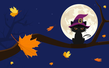 Halloween greeting card. A black cat sitting on tree with falling maple leaves and the full moon night background. Flat design vector illustration.
