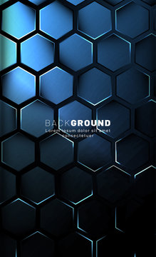 Vertical hexagon background. Gradient color light pattern with dark background technology style. Honeycomb. Vector illustration of light.