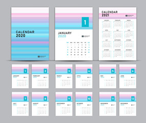 Set Desk Calendar 2020 template vector, pastel concept, Calendar 2021, cover design, Set of 12 Months, Week starts Sunday, Stationery design, flyer layout, planner, printing media, trendy background