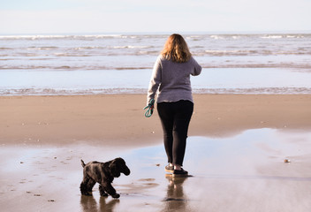 Woman with dog on the beach