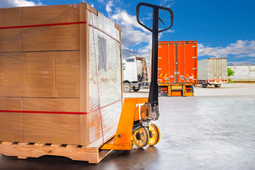 Packaging Boxes Wrapped Plastic on Pallets with Hand Pallet Truck. Shipping Warehouse Cargo...