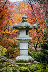 Japanese lantern in front of orange and red maple leaves and green shrubs in the foreground color