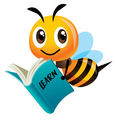Cartoon cute smiling bee mascot carrying a blue book. Back to school - Vector mascot isolated