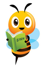 Obraz premium Cartoon cute happy bee mascot carrying a green learning book. Back to school - Vector illustration isolated