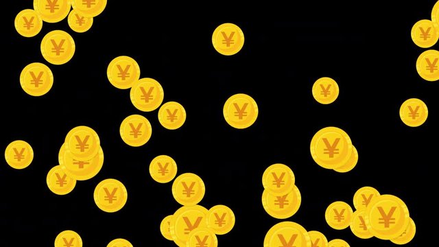 Japanese Yen coins flux moving in slow motion. 4k animation with alpha transparency. Currency Japan background for stock market, finance, banking, forecasting, economic, business video.