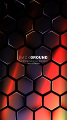Vertical hexagon background. Gradient color light pattern with dark background technology style. Honeycomb. Vector illustration of light.