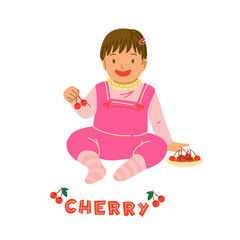 Kid eating cherry berry flat vector illustration