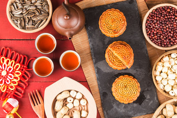 Traditional mooncakes on table setting with teacup.
