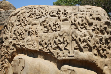 Stone carvings on the face of a rock at Arjuna's Penance, Mahabalipuram, Kanchipuram District,...