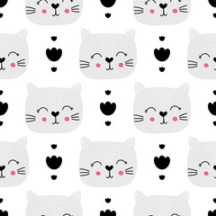 Obraz premium Seamless childish pattern with cat. Design for fabric, wrapping, textile, wallpaper, apparel. Vector illustration.