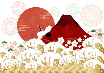 正月　初日の出　鶴　富士山　世界遺産　津波　海　浮世絵　背景　日本
