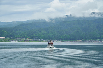 Amanohashidate,Japan - July 9,2019 : Amanohashidate boat in the sea