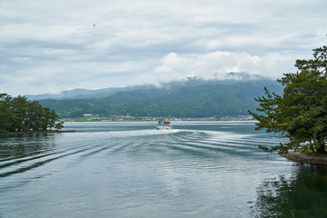 Amanohashidate,Japan - July 9,2019 : Amanohashidate boat in the sea