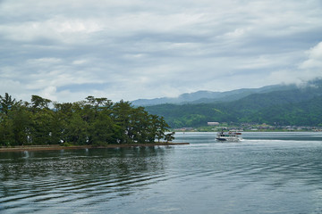 Amanohashidate,Japan - July 9,2019 : Amanohashidate boat in the sea
