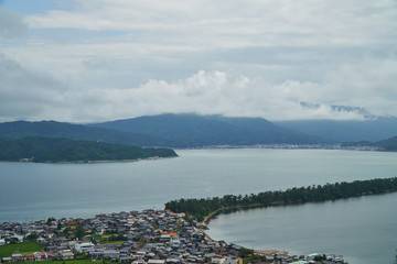 Amanohashidate top view with blue sky