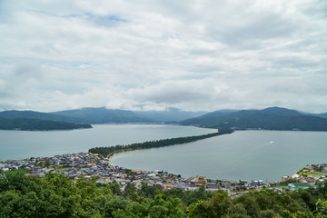 Amanohashidate top view with blue sky
