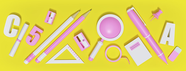 back to school concept with school supplies. abstract banner. 3d rendering