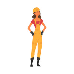 Girl Building Worker Character Wearing Orange Hard Hat Helmet and Overalls, Construction Engineer, Repairman, Foreman or Handyman Vector Illustration