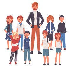 Obraz premium Smiling Male Teacher Standing with Group of Students Vector Illustration