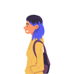 Girl with Dyed Hair with Backpack Side View Vector Illustration