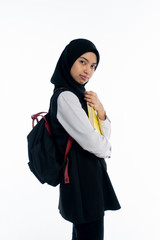 young smiling asian student woman. over white background