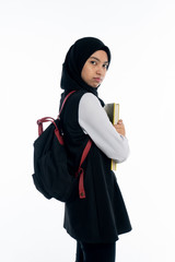 young asian student holding book and expressing while standing isolated on white background.