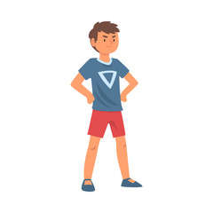 Brave Boy Character Standing with Hands on His Waist Vector Illustration