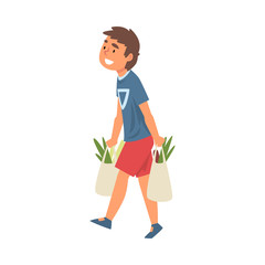 Boy Carrying Shopping Bags with Groceries Vector Illustration