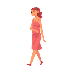 Happy Pregnant Woman Character in Red Dress Walking Vector Illustration