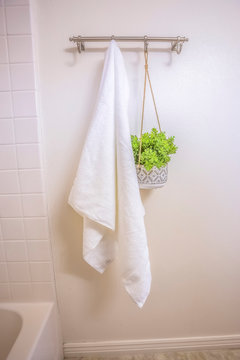 White Towel And Ornamental Plant Hanging On A Wall Rod Inside A Bathroom