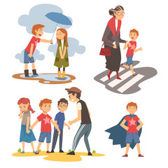 Boy Defending Little Kids, Helping Old Senior Woman to Cross Road, Polite, Brave Kids Set, Good Manners Vector Illustration