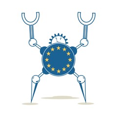 Cute vintage robot. Robotics industry relative image. Cartoon person. Flag of the European Union