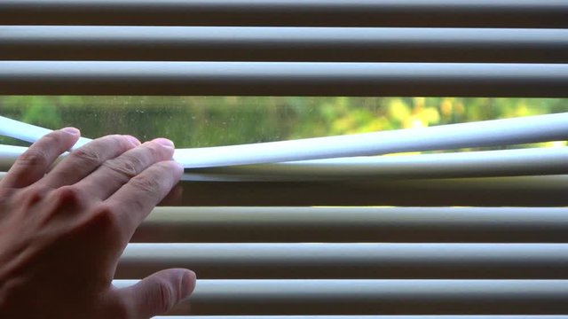 Looking out through Venetian blinds. Hand revealing white Venetian blinds.