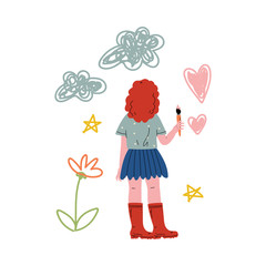 Cute Girl Painting on Wall with Color Paints and Brush, View From Behind Vector Illustration