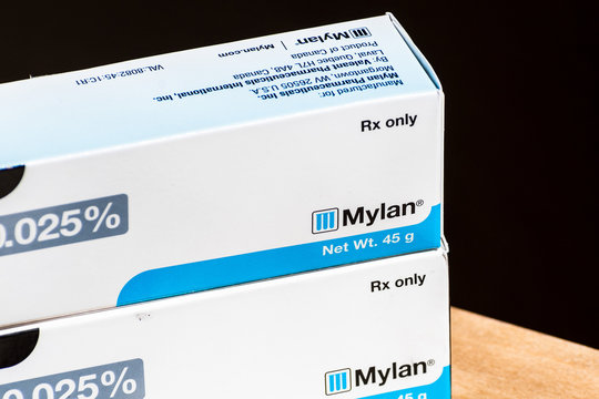 August 28, 2019 Sunnyvale / CA / USA - Close up of Mylan RX Only medicine box