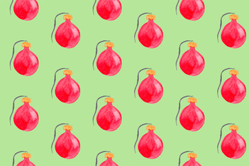 Seamless watercolor pattern with red christmas ornaments. New year festive background. Template for fabric or wrapping paper print. Hand drawn illustration. Christmas tree decoration objects.