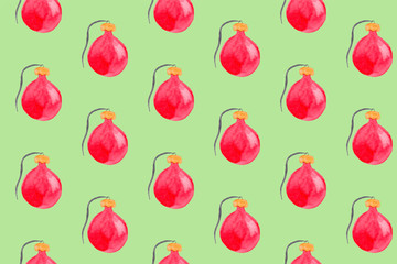 Seamless watercolor pattern with red christmas ornaments. New year festive background. Template for fabric or wrapping paper print. Hand drawn illustration. Christmas tree decoration objects.