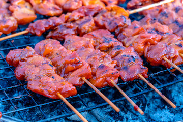 Thai street vendor sells grilled chicken meat at street food market in island Koh Phangan, Thailand. Closeup