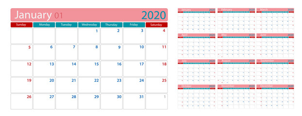 Simple 2020 Calendar template Day planner in day Blank Space area