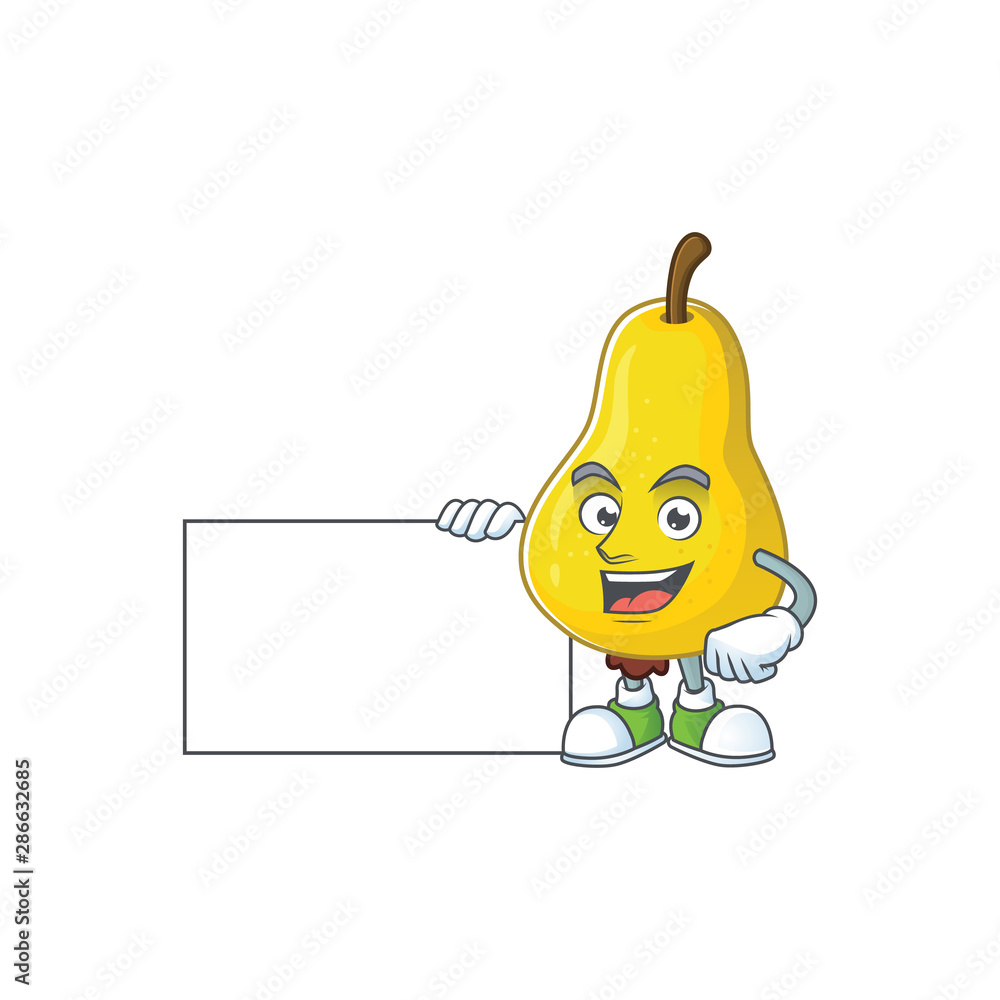 Sticker With board fruit pear cartoon character with mascot