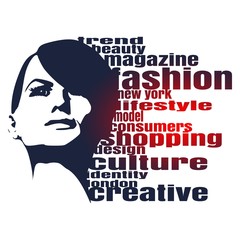 Face front view. Elegant silhouette of a female head. Fashion relative keywords cloud