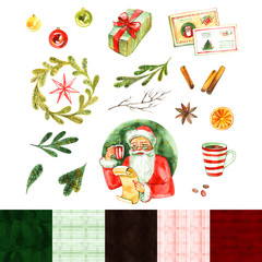 Santa Claus holding an empty wish list in his hands and drink coffee. Watercolor illustration set.