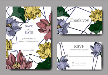 Vector Lotus floral botanical flowers. Black and white engraved ink art. Wedding background card decorative border.
