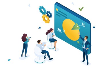 Entrepreneur coach teaches employees of the company. Concept of business training. 3d isometric Concept for web design