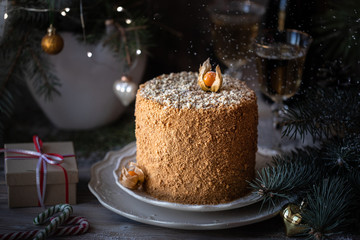 Homemade honey cake. Winter composition. New Year photo. Christmas decoration. Christmas decorations. Cake with sparklers. garland on a tree. Champagne in the glasses