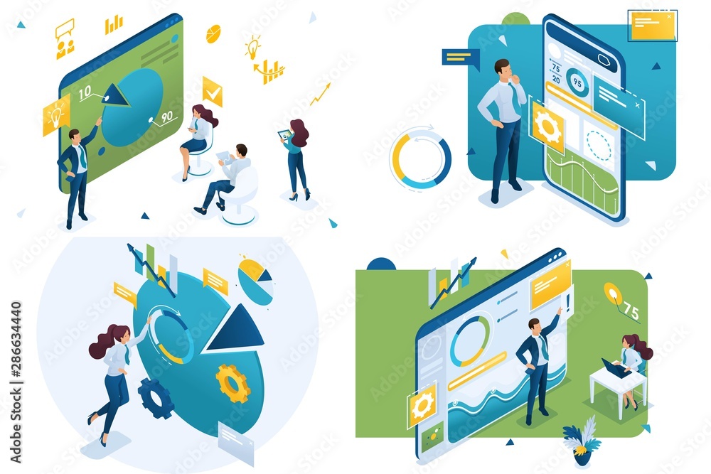 Poster set of isometric conceptsbusiness training, mobile app, graphs and charts, data analysis. for concep