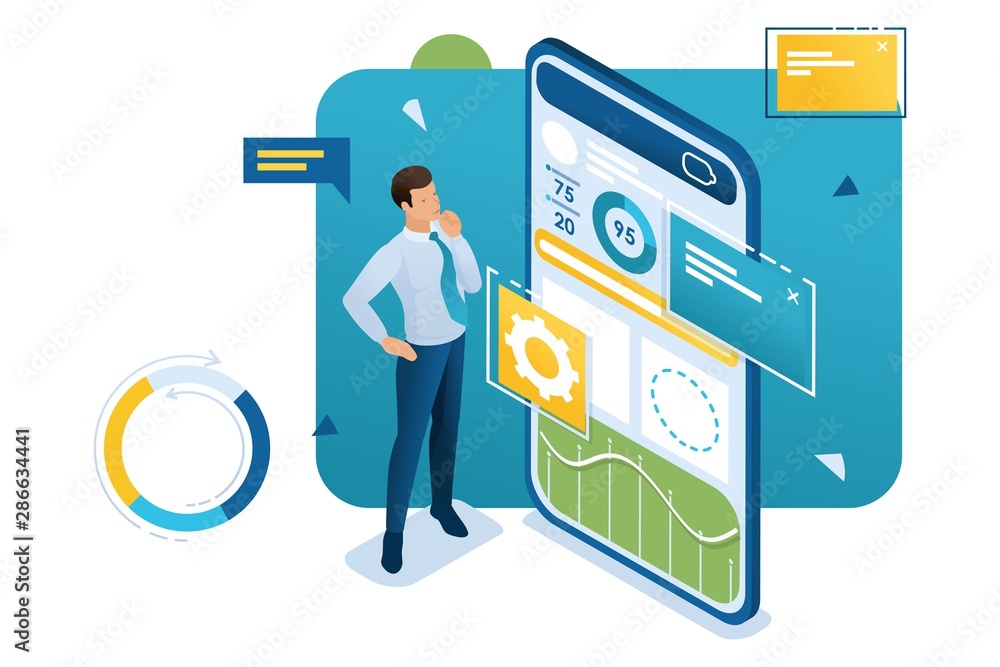 Poster young man works on a mobile application for data collection and analysis. concept work with graph re