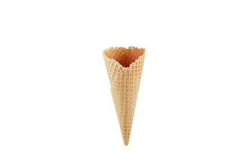 Empty  waffle ice cream cone isolated on white background, mock up for advertising, design, menu, summer food.